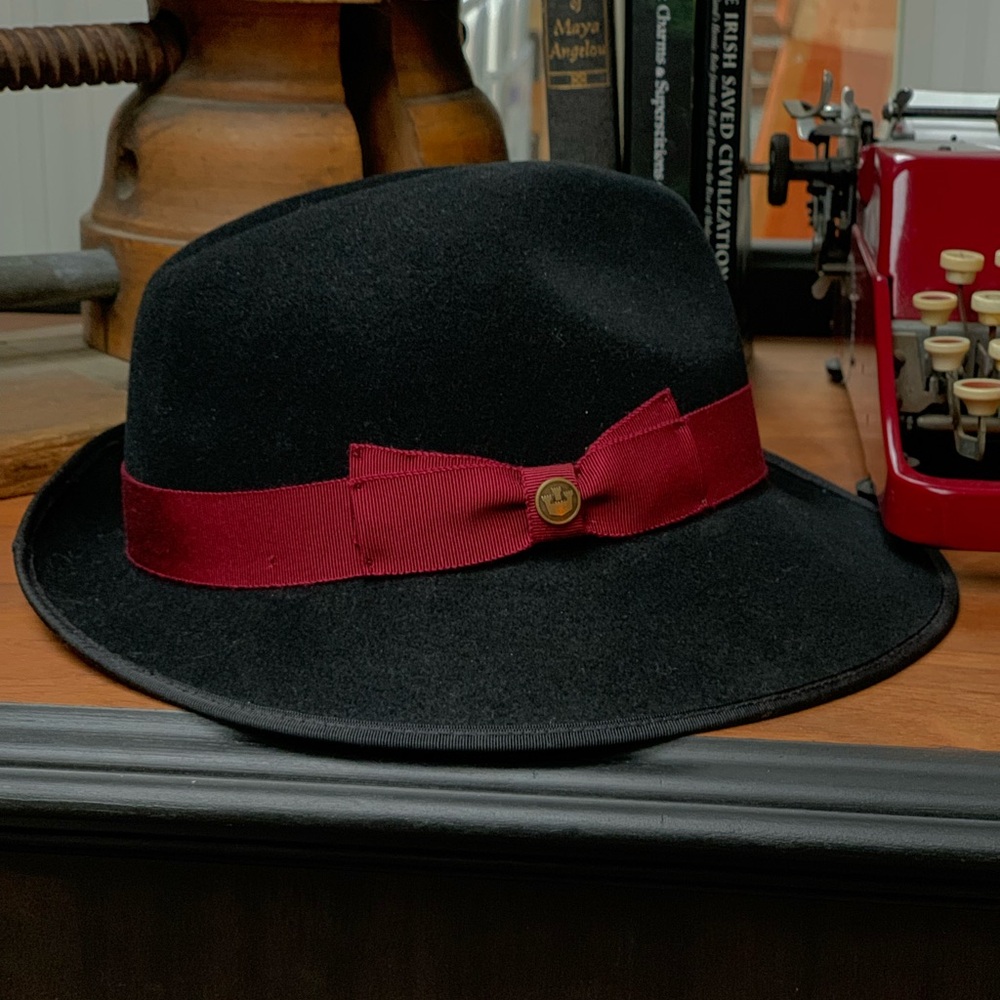 Black Wool Goorin Bros asymmetrical Hat with Burgundy Red Ribbon